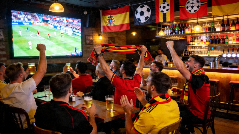 众多观众在酒吧通过大屏幕观看足球直播的热烈场景
